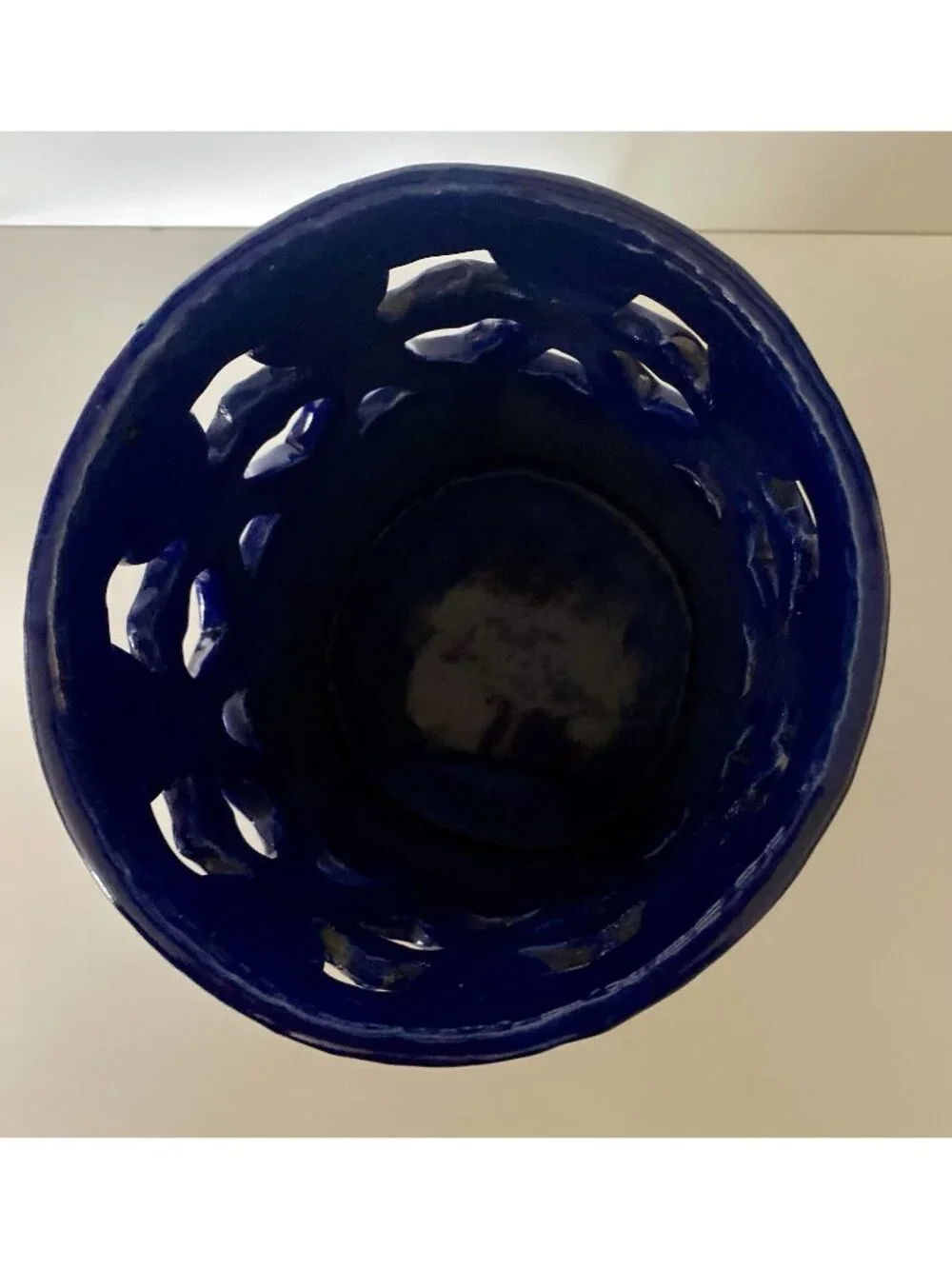 Vtg Signed Studio Pottery Cobalt Kitchen Utensil Holder Cutout Children Hearts